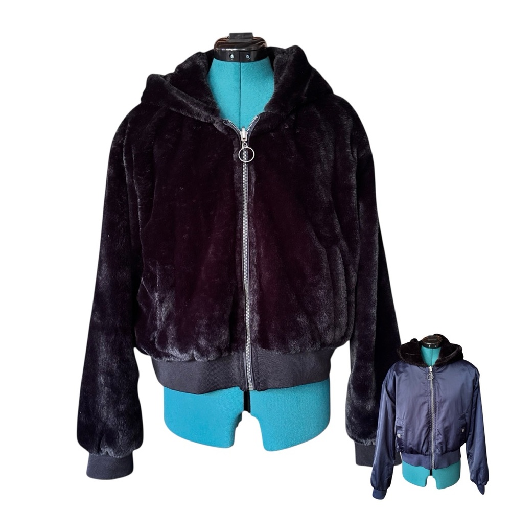 Reversible Black Faux Fur Bomber Jacket with Navy Blue Satin Reverse